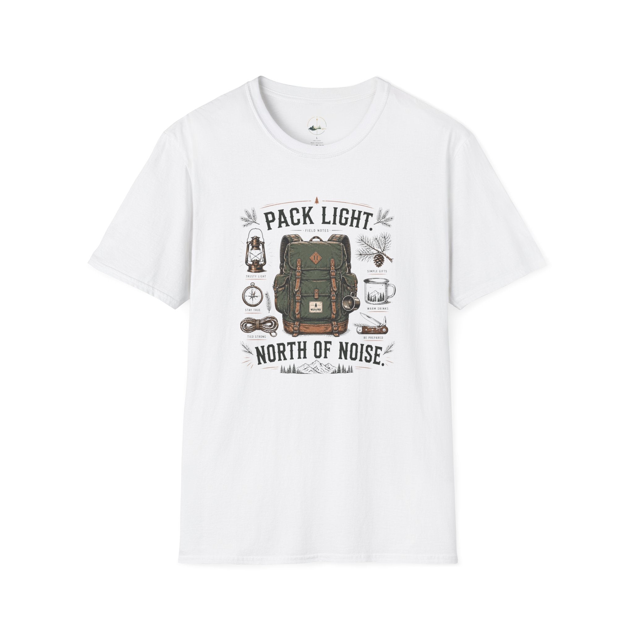Adventure T-Shirt — "Pack Light, North of Noise" Backpack Camping Graphic