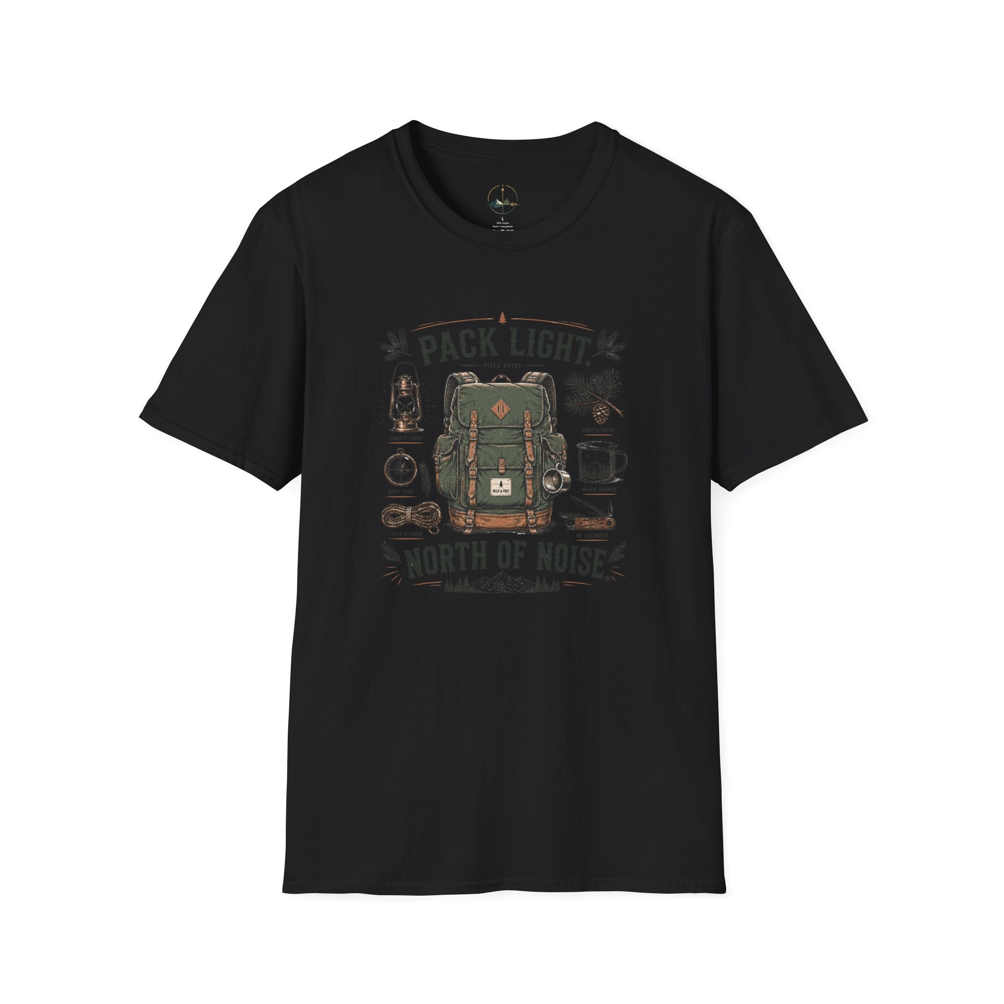 Adventure T-Shirt — "Pack Light, North of Noise" Backpack Camping Graphic