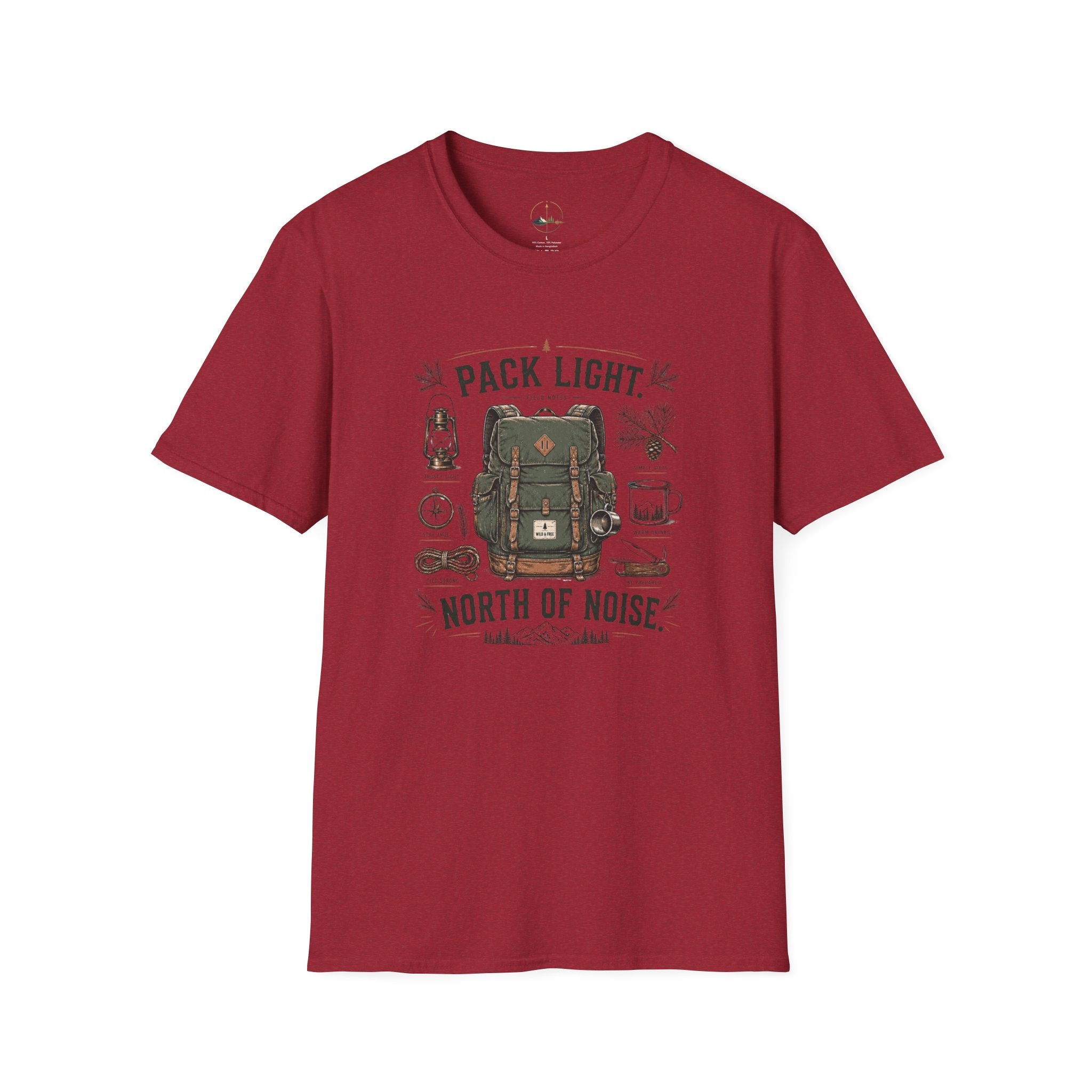 Adventure T-Shirt — "Pack Light, North of Noise" Backpack Camping Graphic