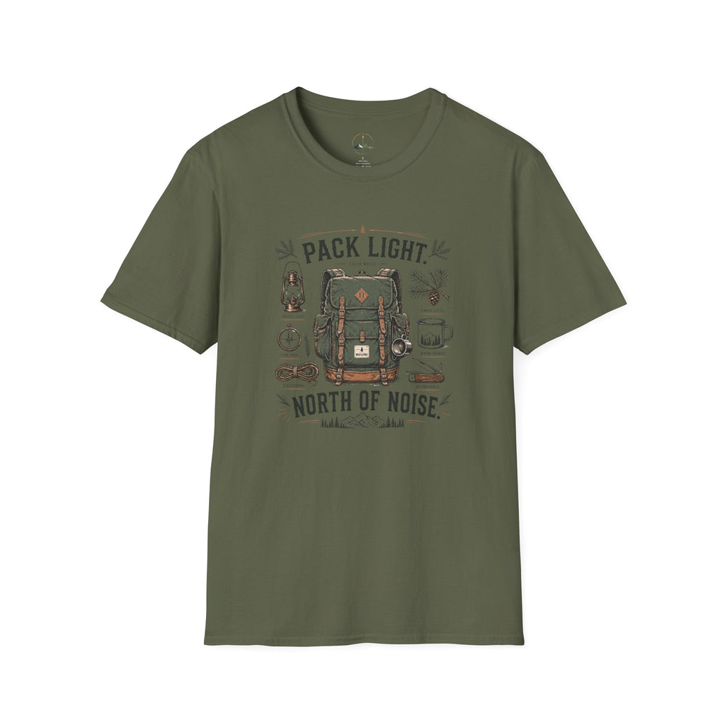 Adventure T-Shirt — "Pack Light, North of Noise" Backpack Camping Graphic