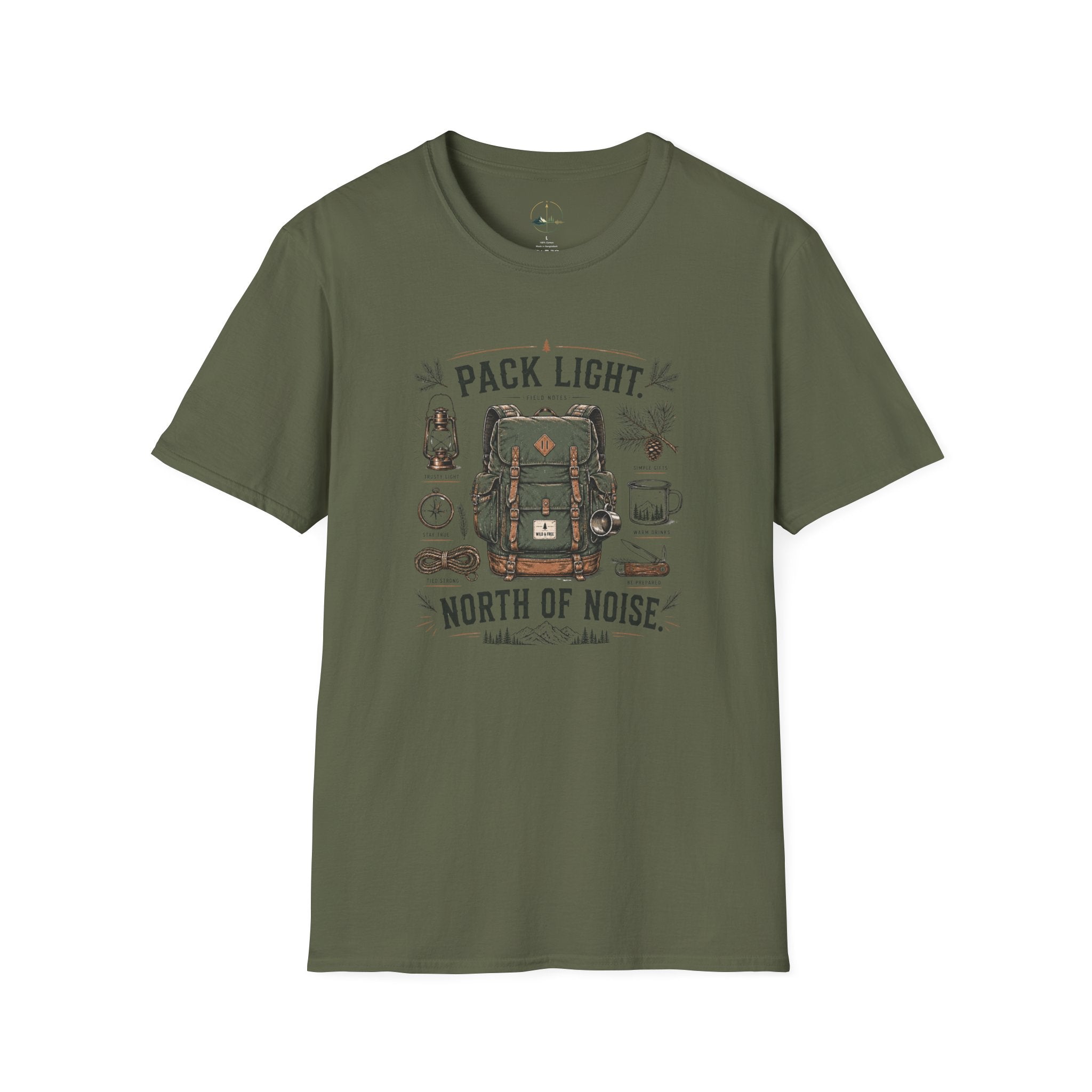 Adventure T-Shirt — "Pack Light, North of Noise" Backpack Camping Graphic