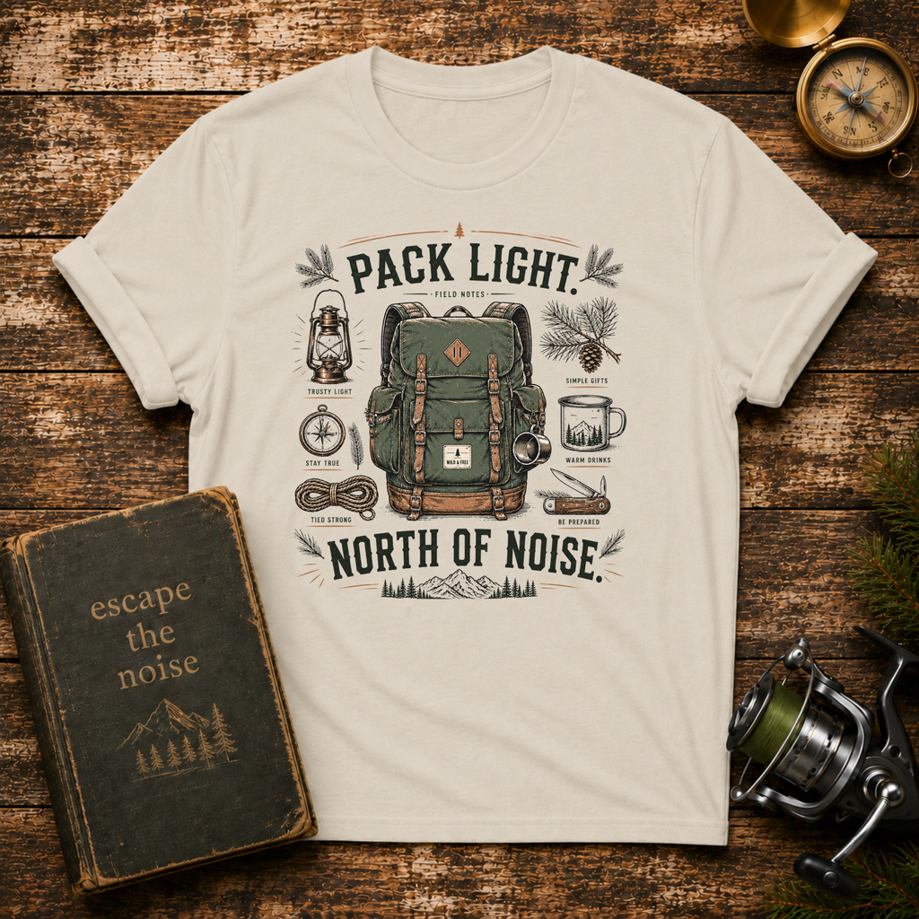 Adventure T-Shirt — "Pack Light, North of Noise" Backpack Camping Graphic