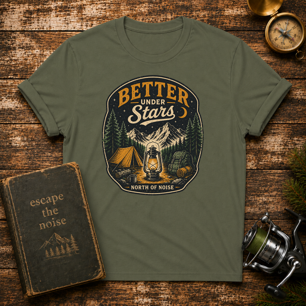 Better Under Stars Camping T-Shirt — Vintage Campfire Design