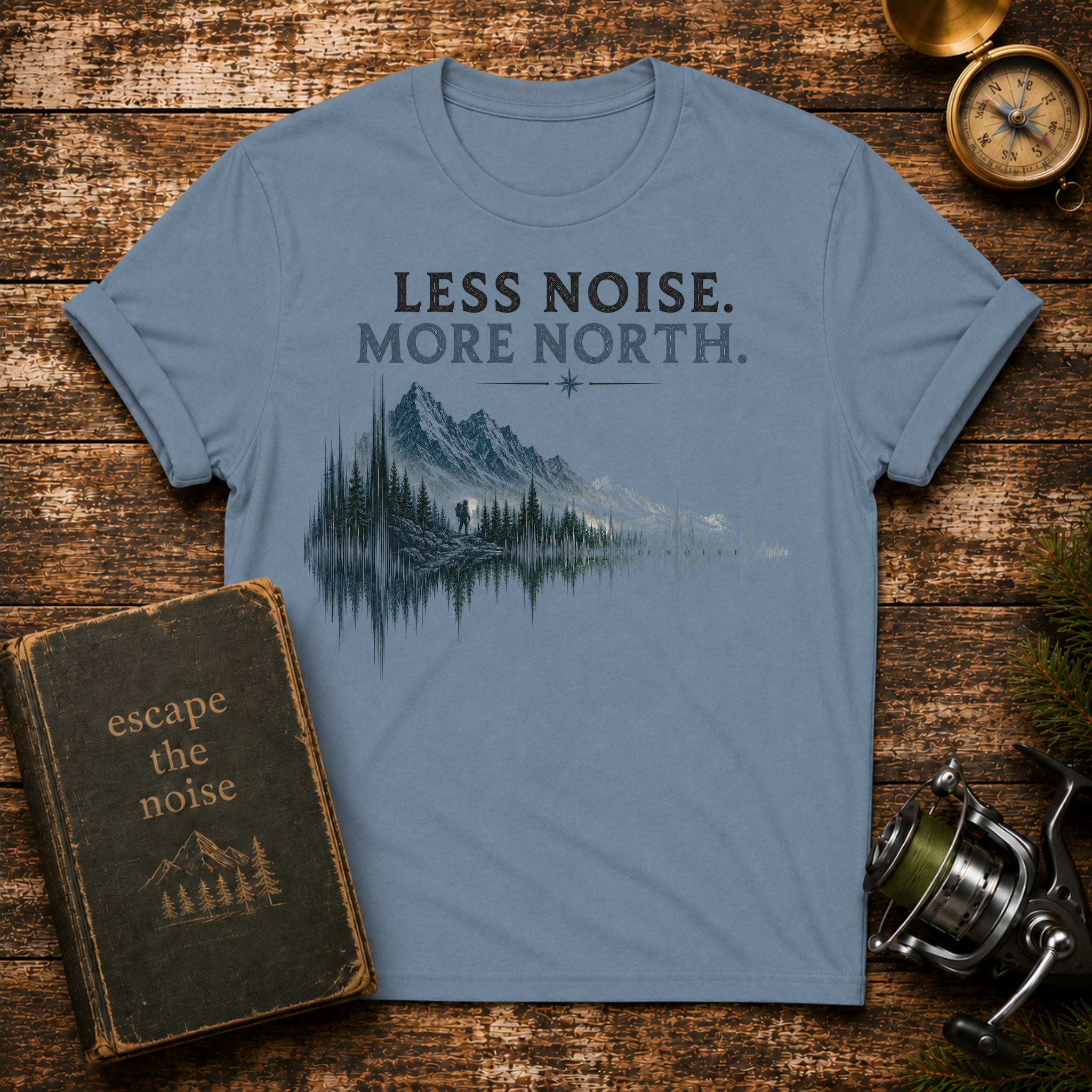 T-Shirt — "Less Noise. More North." Mountain Lake Graphic Tee