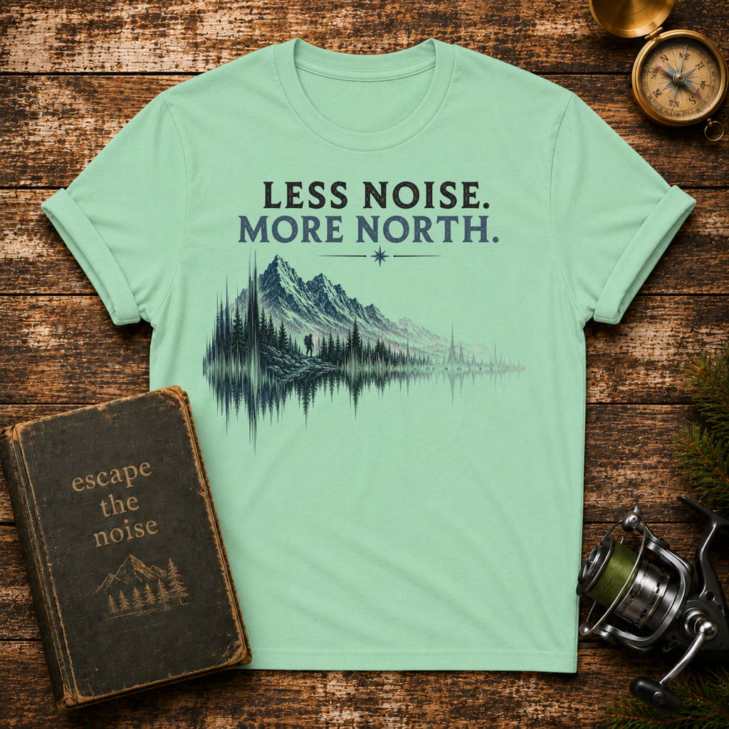 T-Shirt — "Less Noise. More North." Mountain Lake Graphic Tee