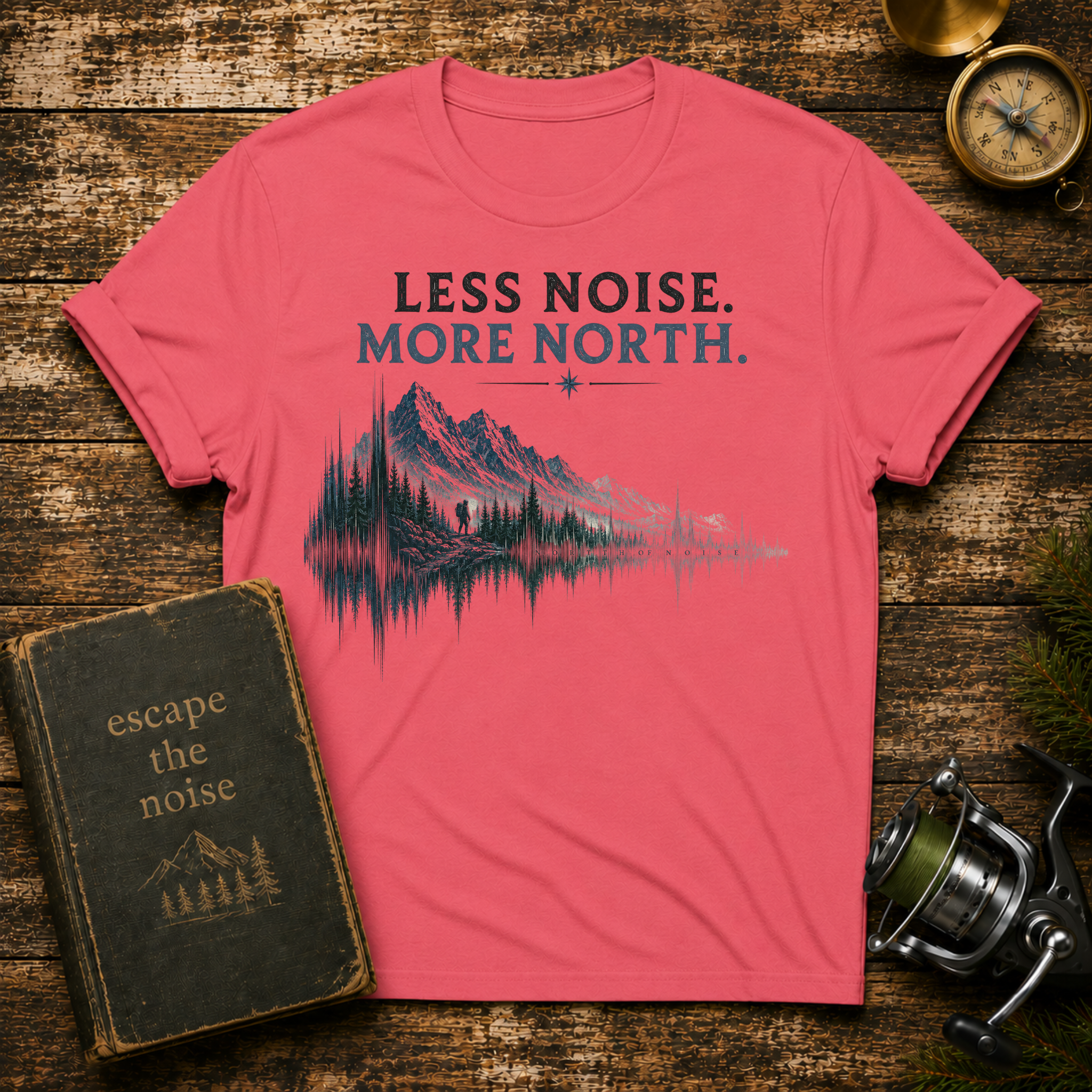 T-Shirt — "Less Noise. More North." Mountain Lake Graphic Tee