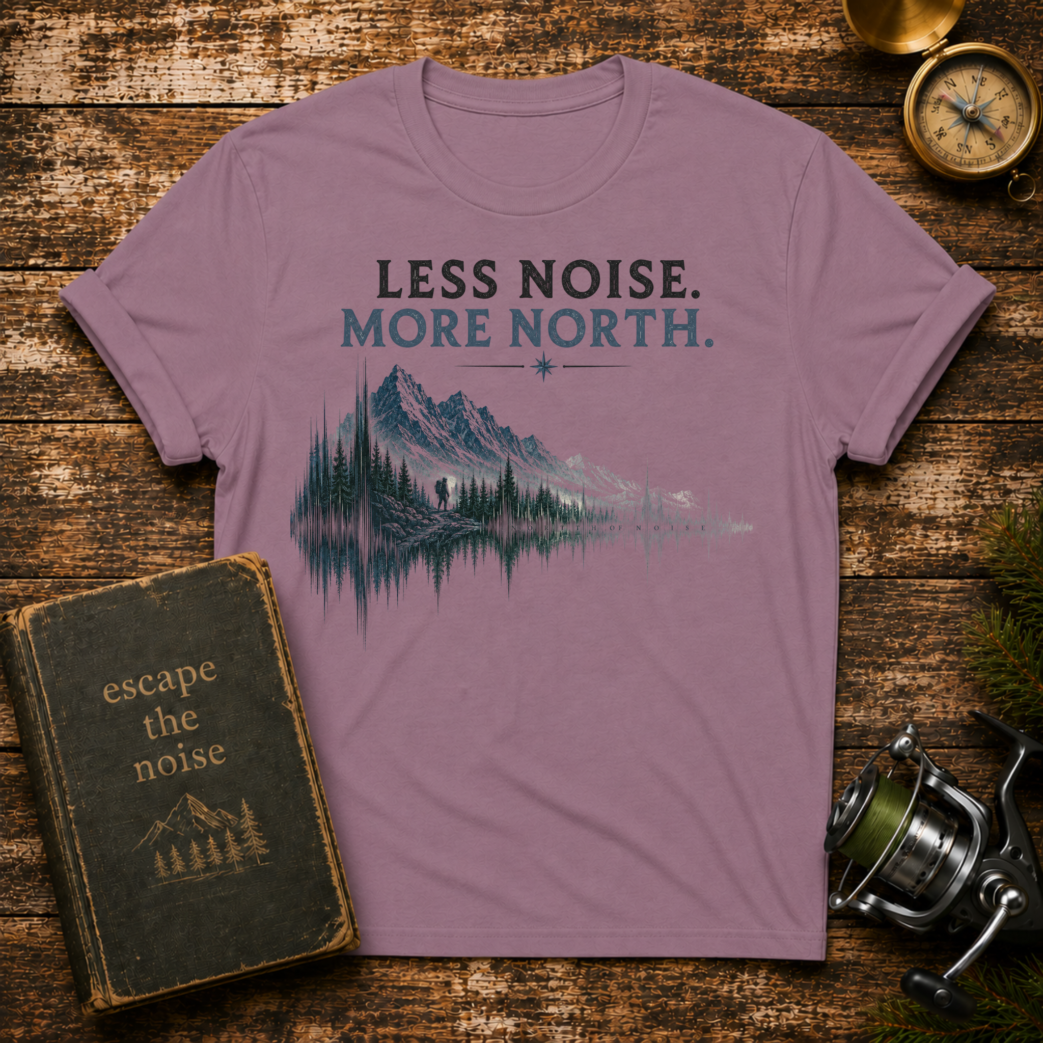 T-Shirt — "Less Noise. More North." Mountain Lake Graphic Tee
