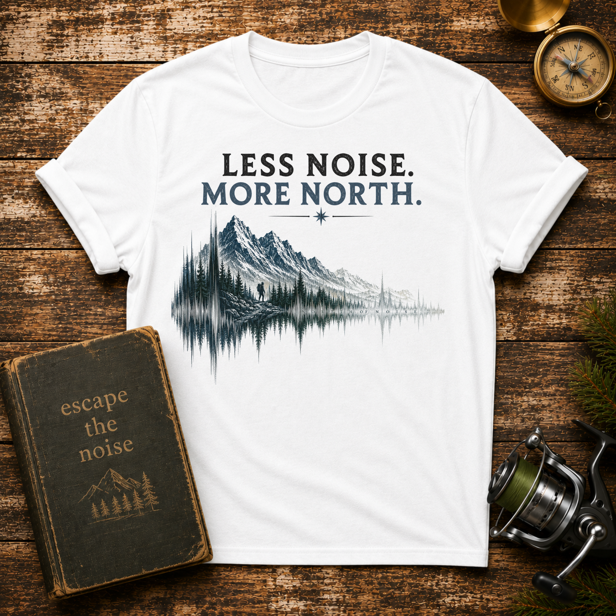 T-Shirt — "Less Noise. More North." Mountain Lake Graphic Tee