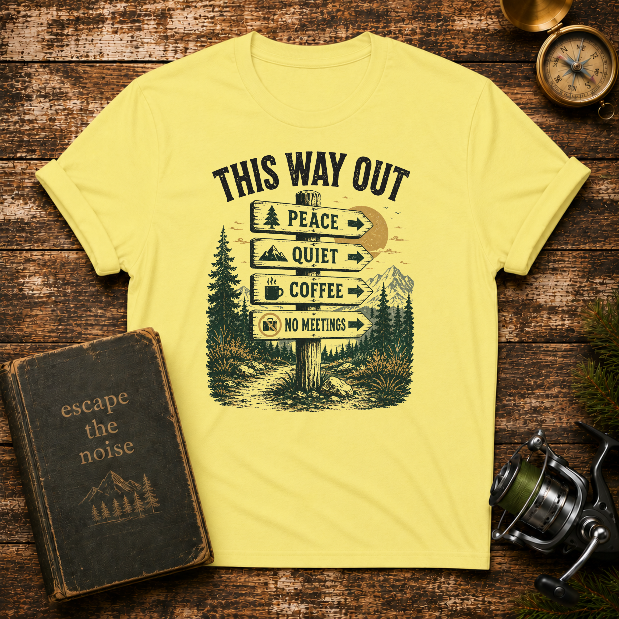 This Way Out T-Shirt — Peace, Quiet, Coffee Direction Sign Camping Tee