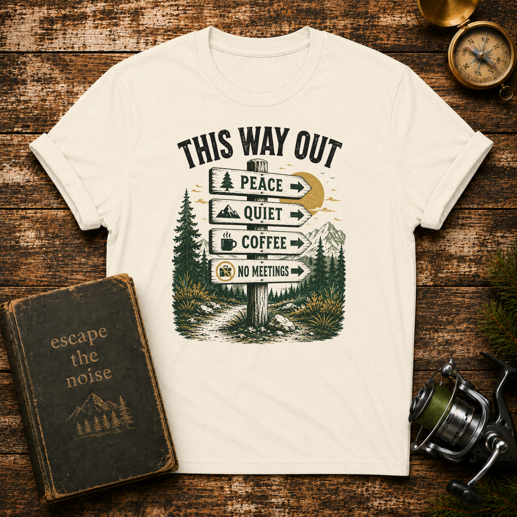 This Way Out T-Shirt — Peace, Quiet, Coffee Direction Sign Camping Tee