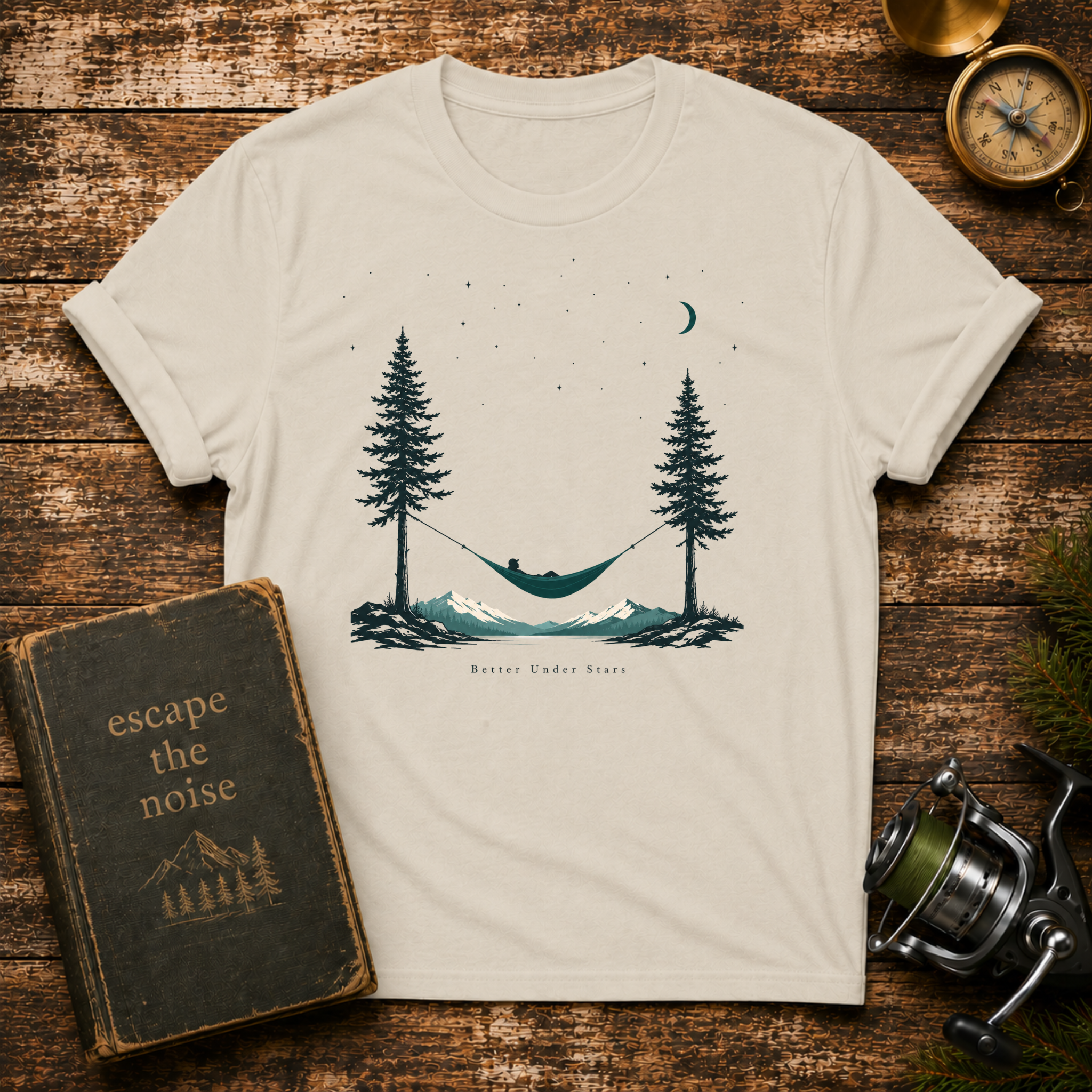 Hammock Between Pines T-Shirt — Minimal Nature Camp Sleep Tee