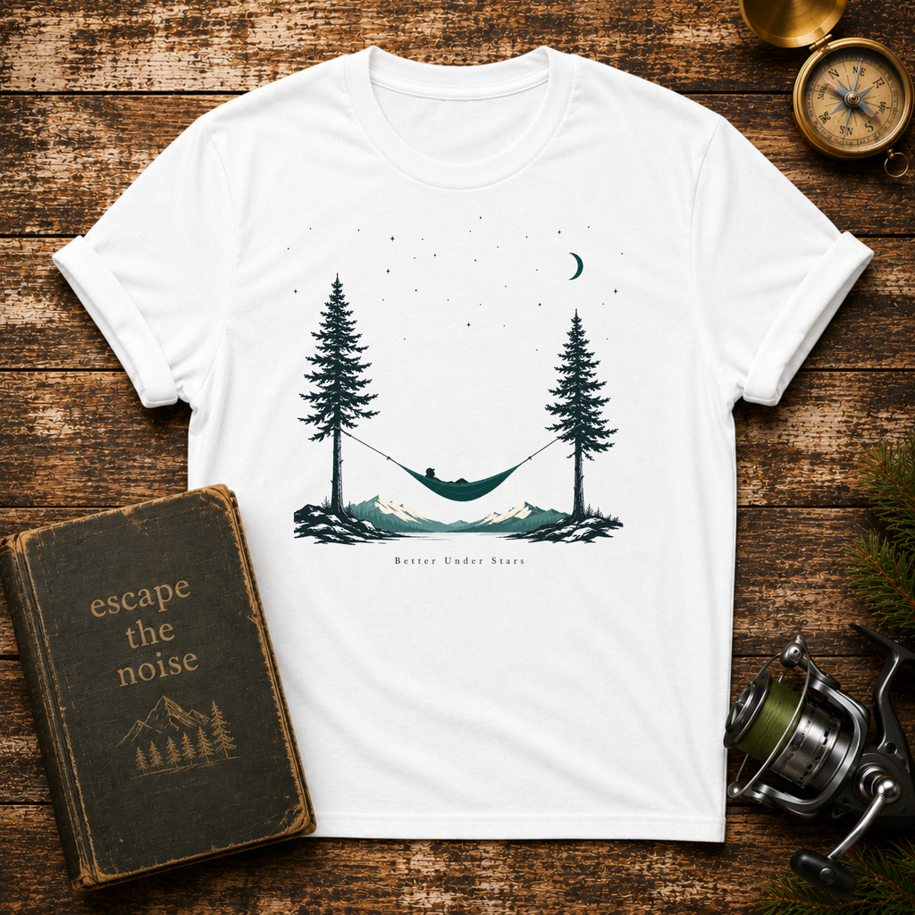 Hammock Between Pines T-Shirt — Minimal Nature Camp Sleep Tee