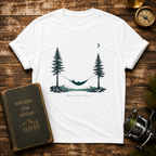 Hammock Between Pines T-Shirt — Minimal Nature Camp Sleep Tee