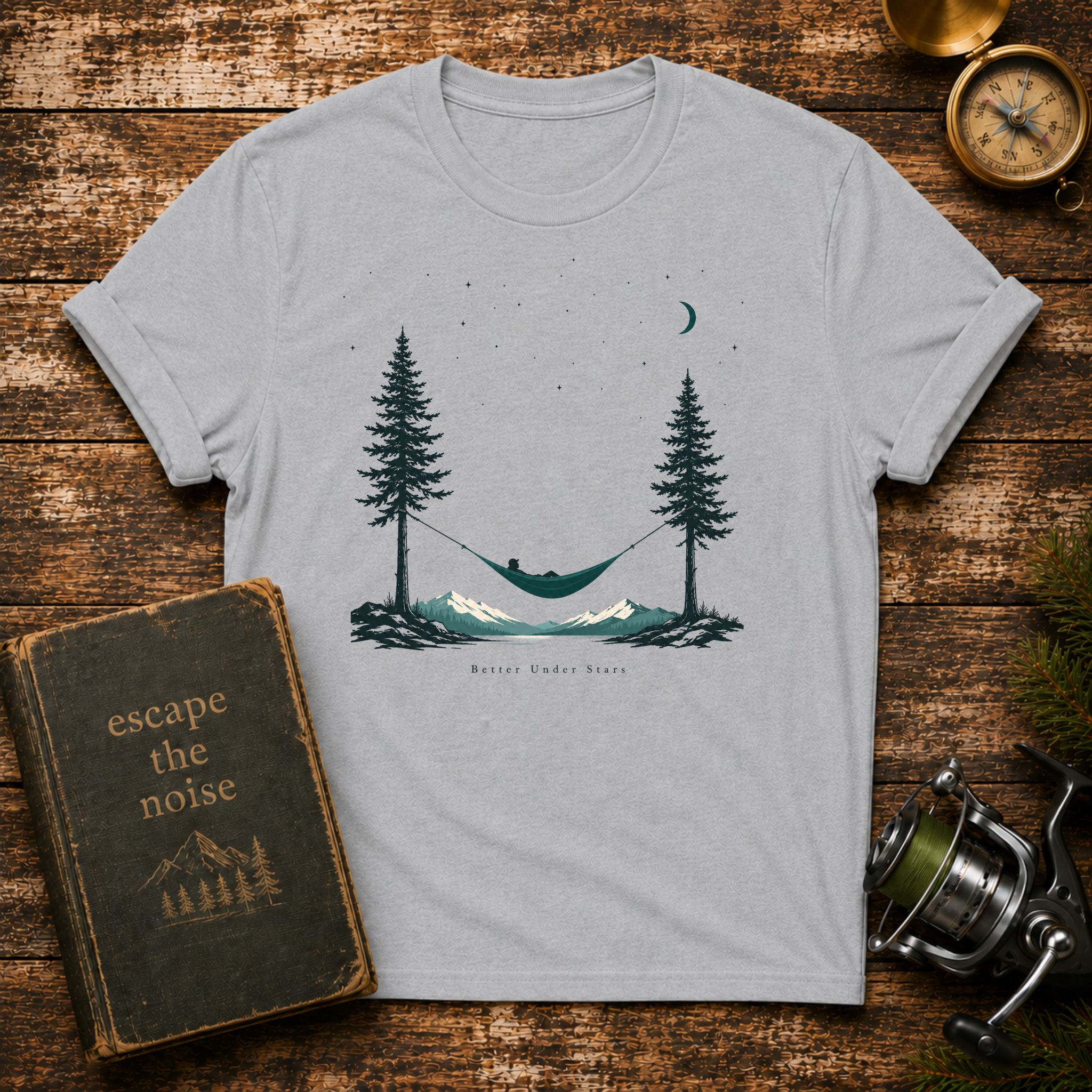 Hammock Between Pines T-Shirt — Minimal Nature Camp Sleep Tee
