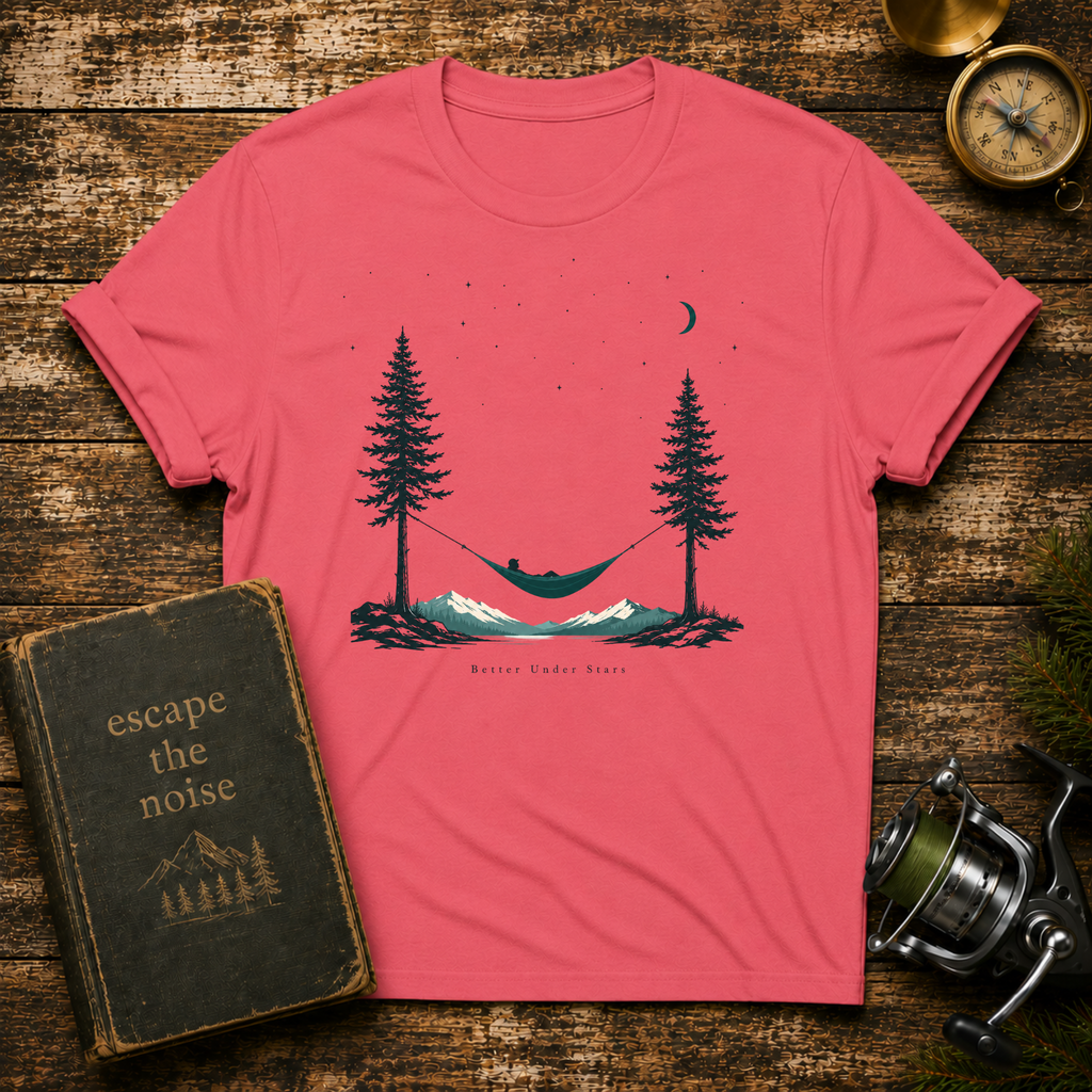 Hammock Between Pines T-Shirt — Minimal Nature Camp Sleep Tee