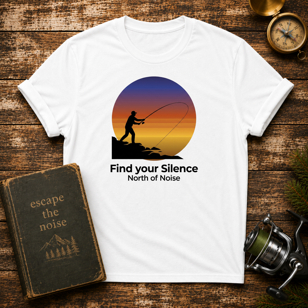 Fishing T-Shirt – "Find Your Silence" Sunset Angler Tee