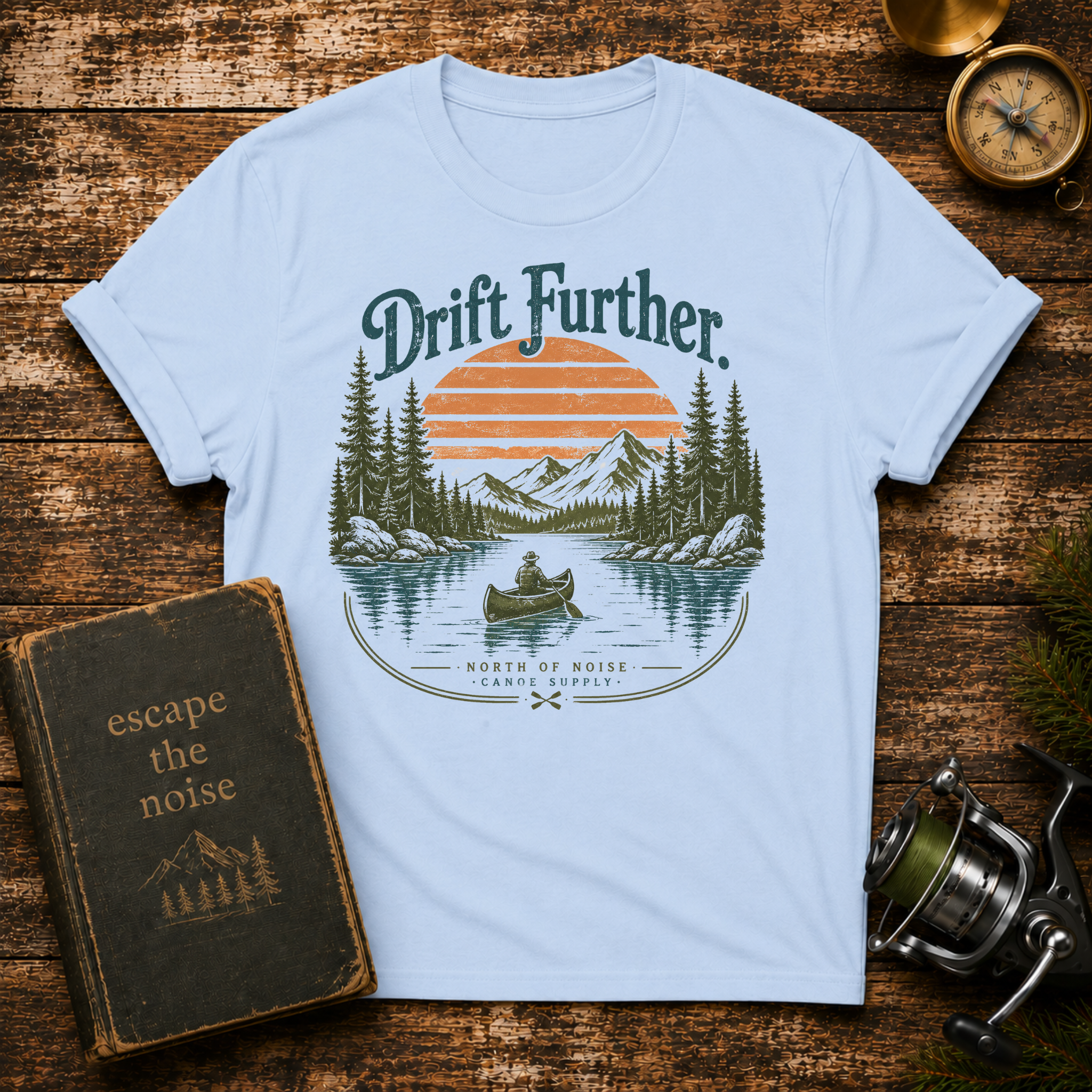 Drift Further Canoe T-Shirt — Vintage Lake Sunset Outdoor Tee