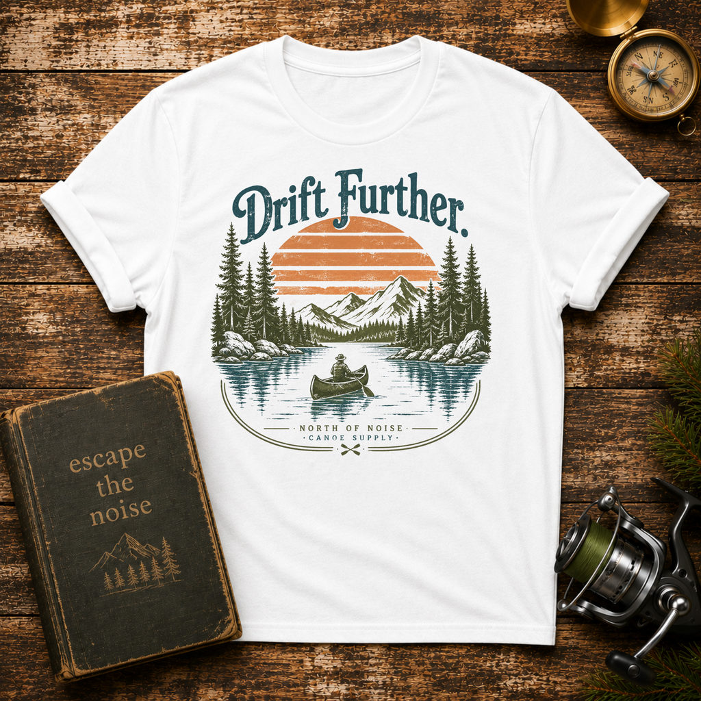 Drift Further Canoe T-Shirt — Vintage Lake Sunset Outdoor Tee