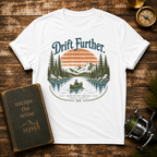 Drift Further Canoe T-Shirt — Vintage Lake Sunset Outdoor Tee