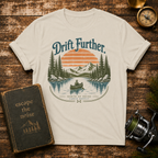 Drift Further Canoe T-Shirt — Vintage Lake Sunset Outdoor Tee
