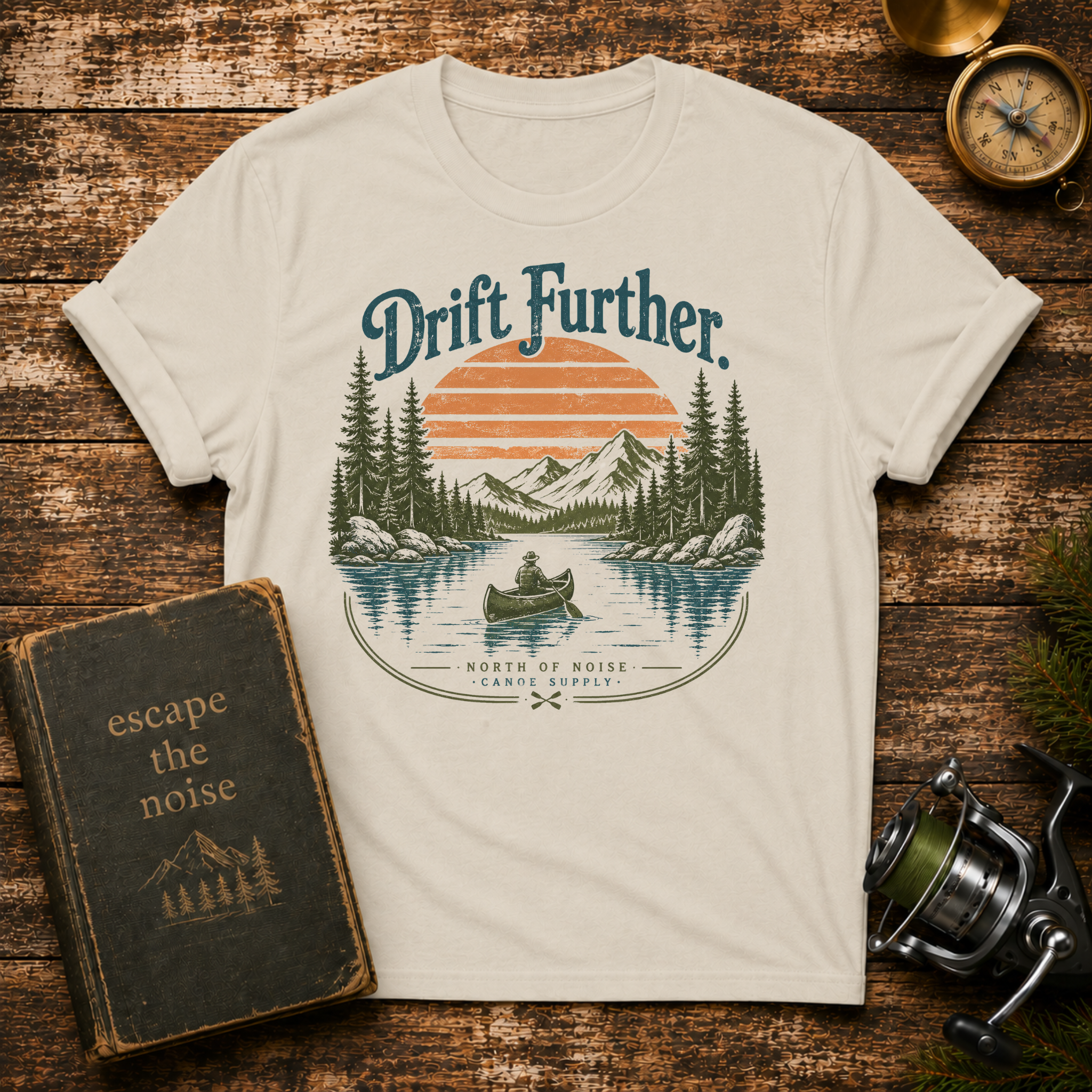 Drift Further Canoe T-Shirt — Vintage Lake Sunset Outdoor Tee