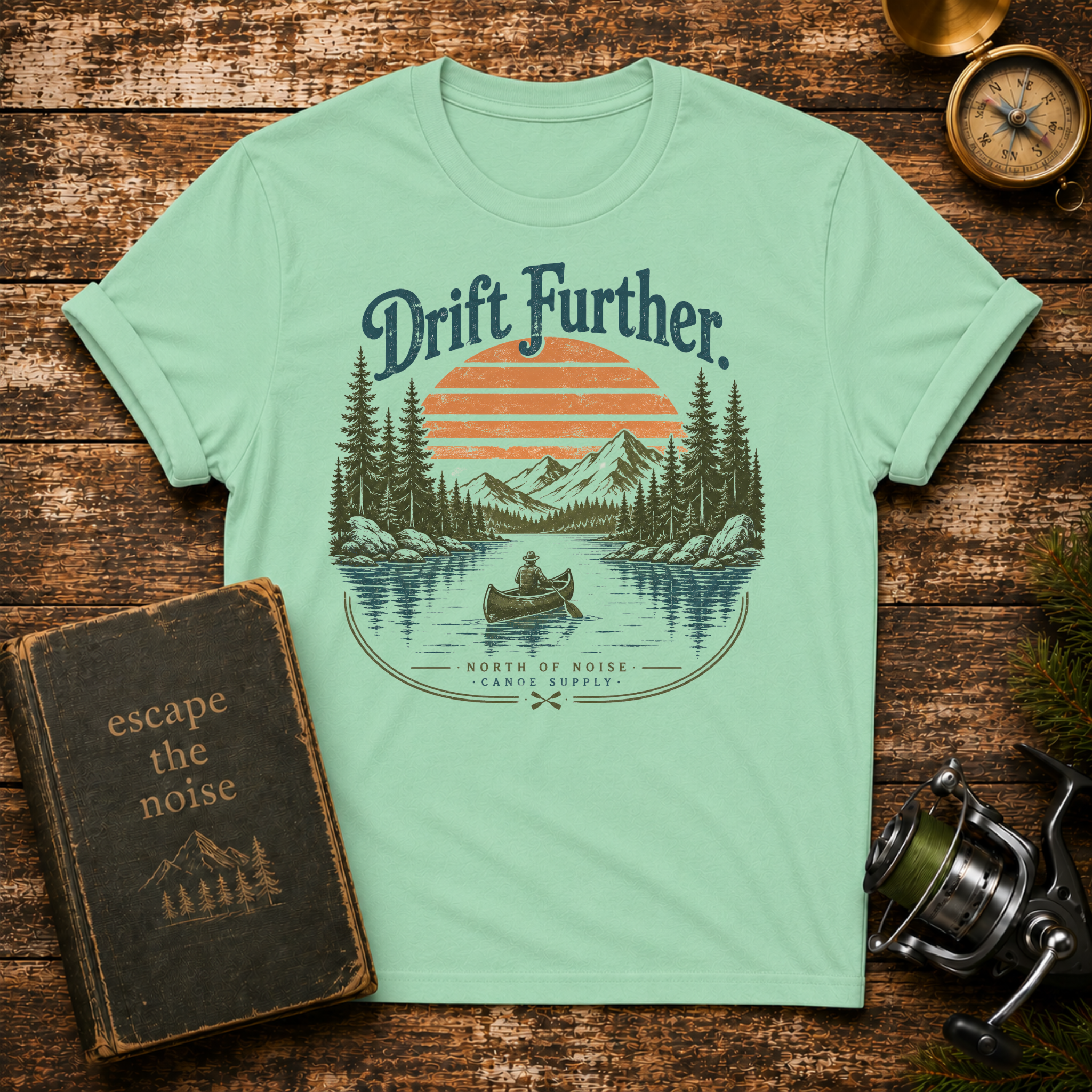 Drift Further Canoe T-Shirt — Vintage Lake Sunset Outdoor Tee