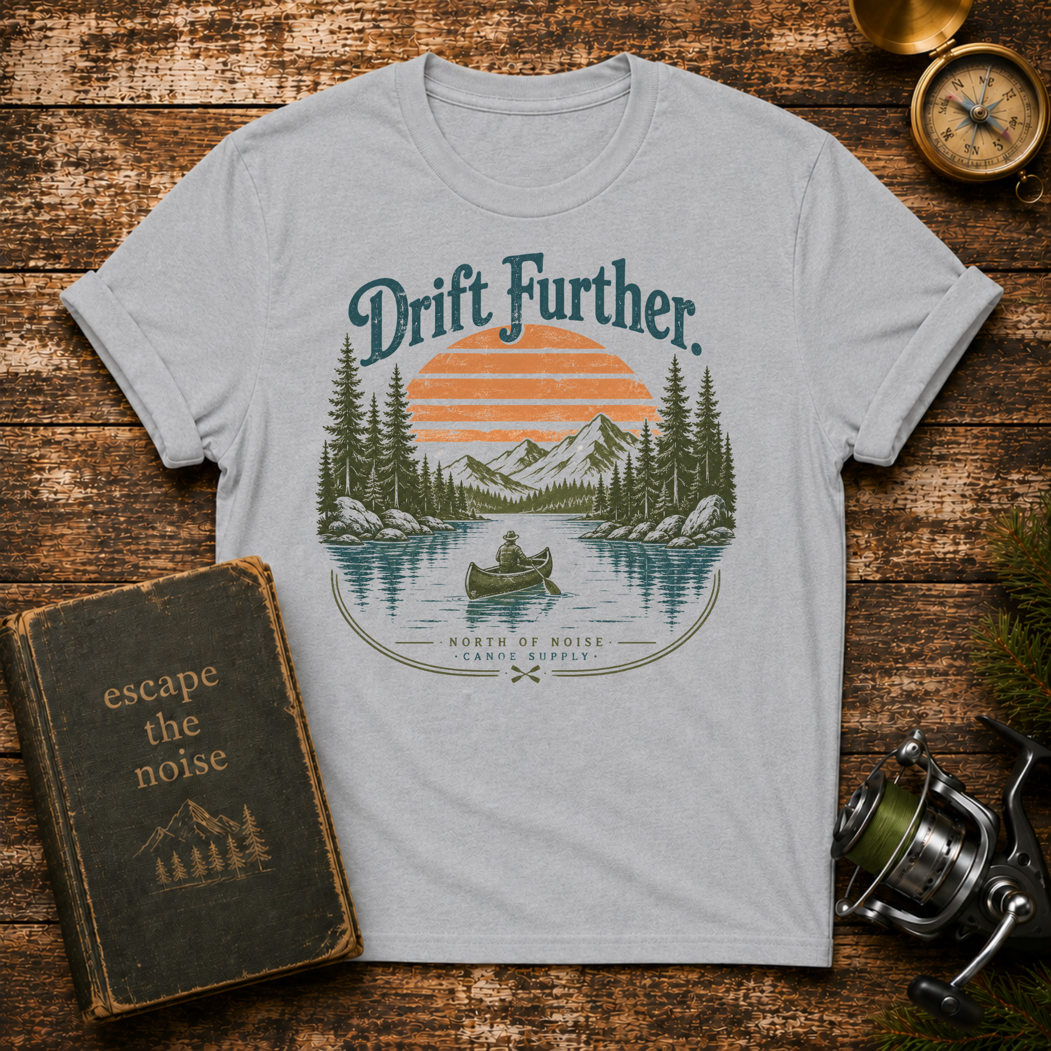 Drift Further Canoe T-Shirt — Vintage Lake Sunset Outdoor Tee