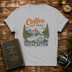 Coffee Out Here T-Shirt — Outdoorsy Vintage Camper Coffee Tee