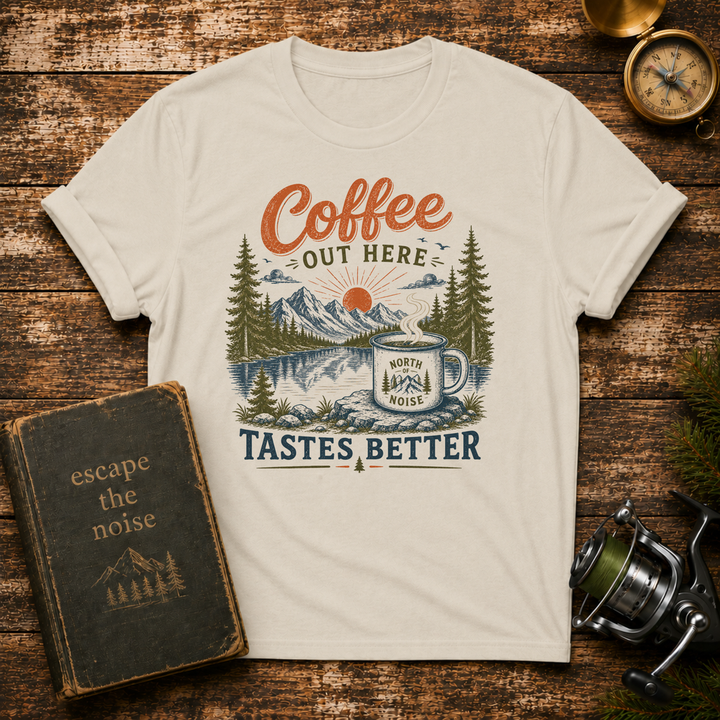 Coffee Out Here T-Shirt — Outdoorsy Vintage Camper Coffee Tee