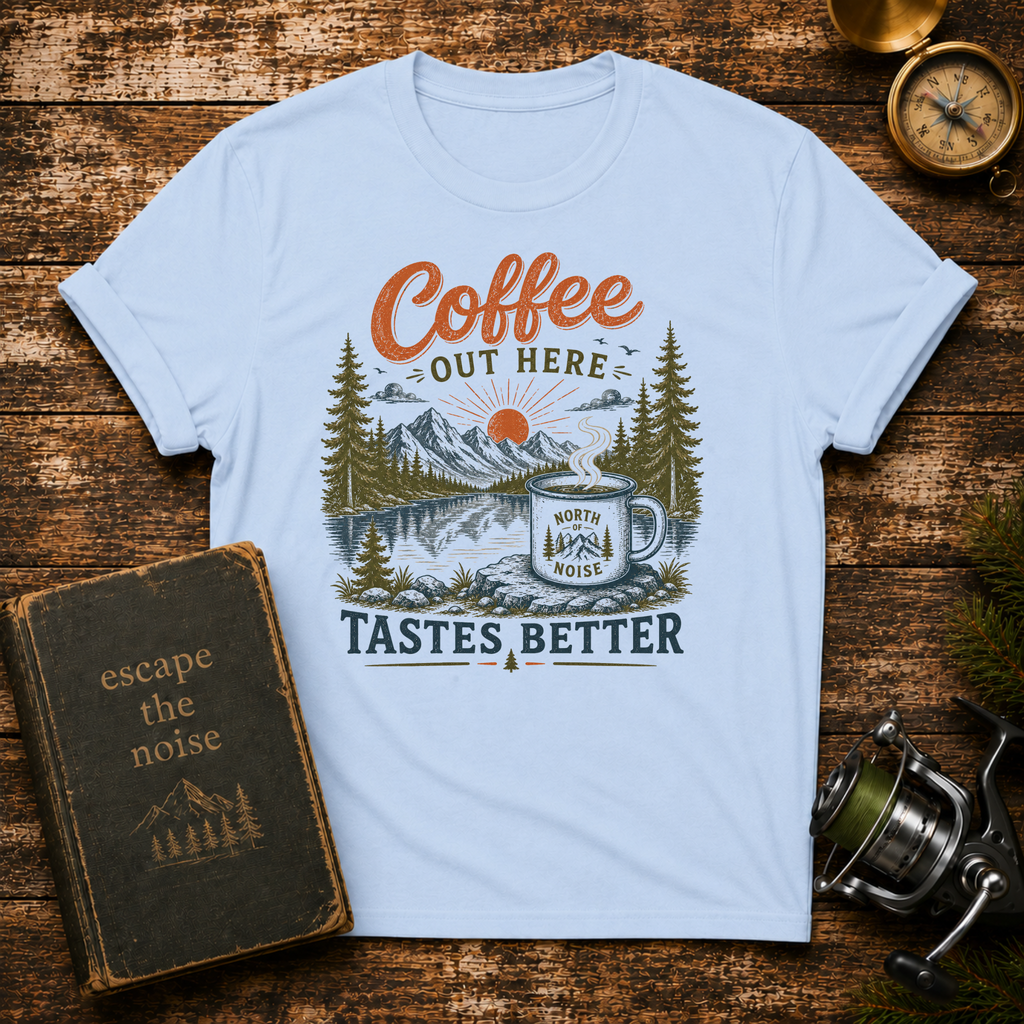 Coffee Out Here T-Shirt — Outdoorsy Vintage Camper Coffee Tee