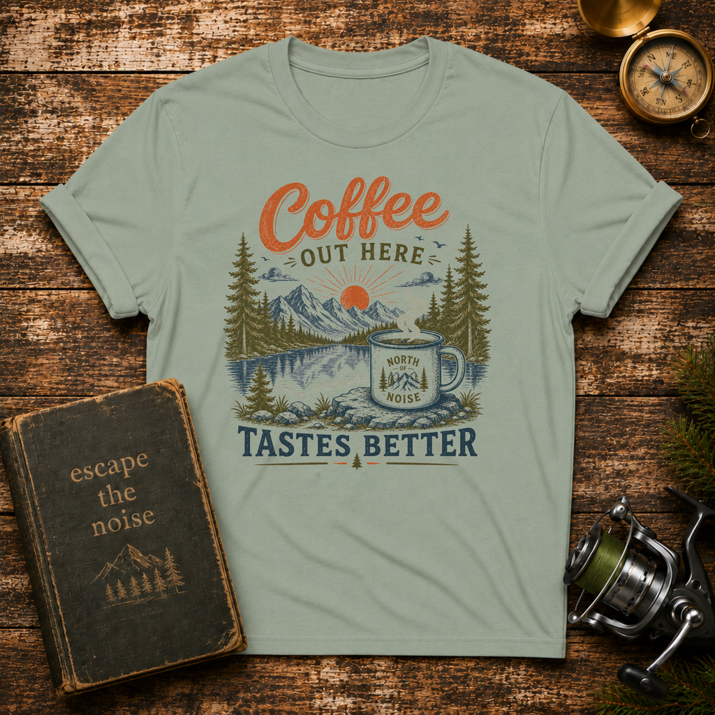 Coffee Out Here T-Shirt — Outdoorsy Vintage Camper Coffee Tee