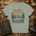 Coffee Out Here T-Shirt — Outdoorsy Vintage Camper Coffee Tee