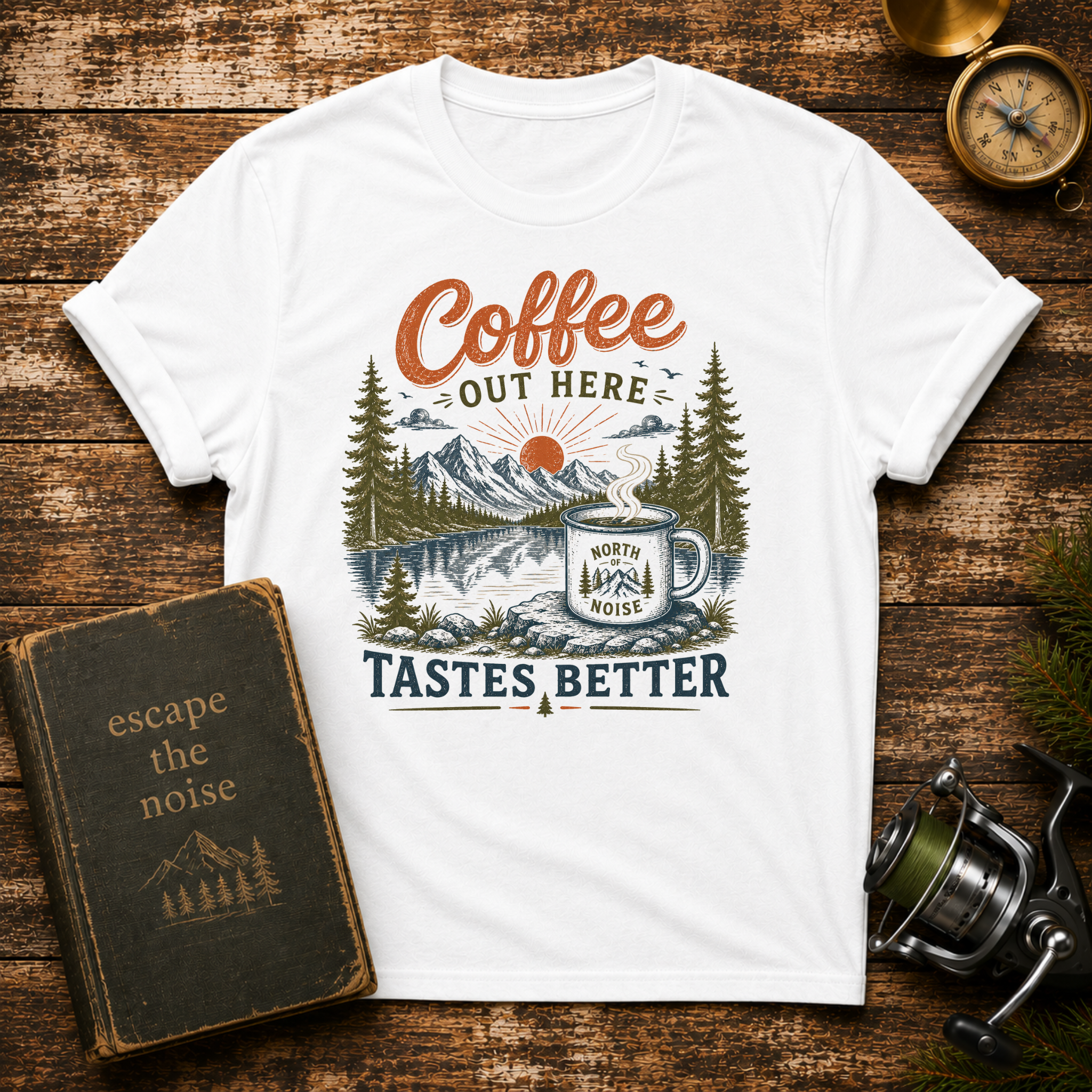 Coffee Out Here T-Shirt — Outdoorsy Vintage Camper Coffee Tee