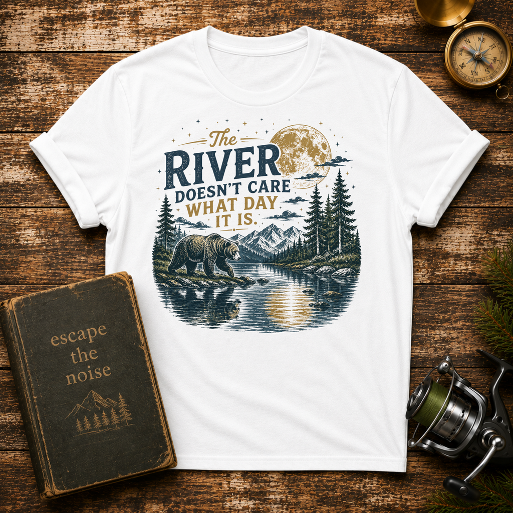 River Doesn't Care What Day It Is T-Shirt — Vintage Nature Camping Tee