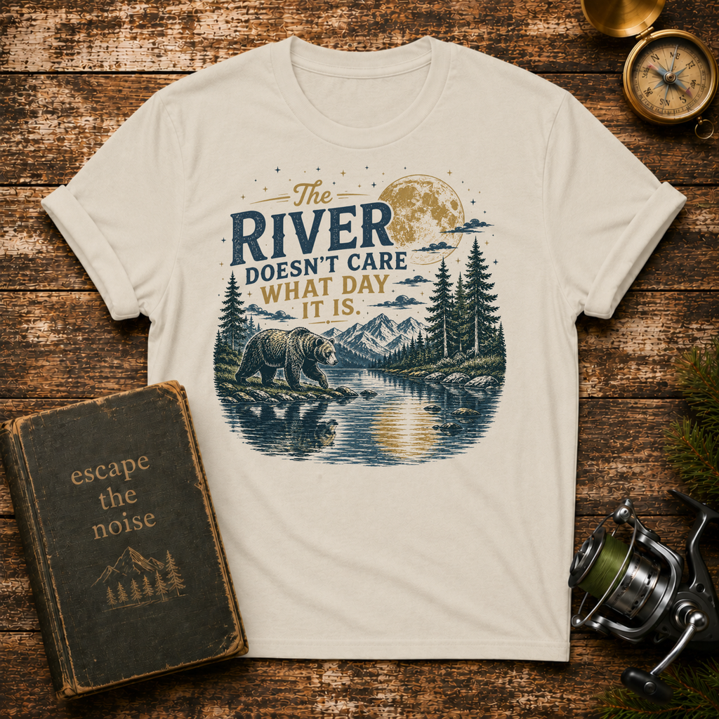 River Doesn't Care What Day It Is T-Shirt — Vintage Nature Camping Tee
