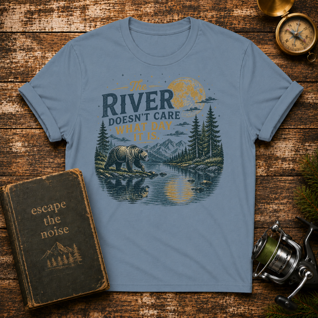 River Doesn't Care What Day It Is T-Shirt — Vintage Nature Camping Tee