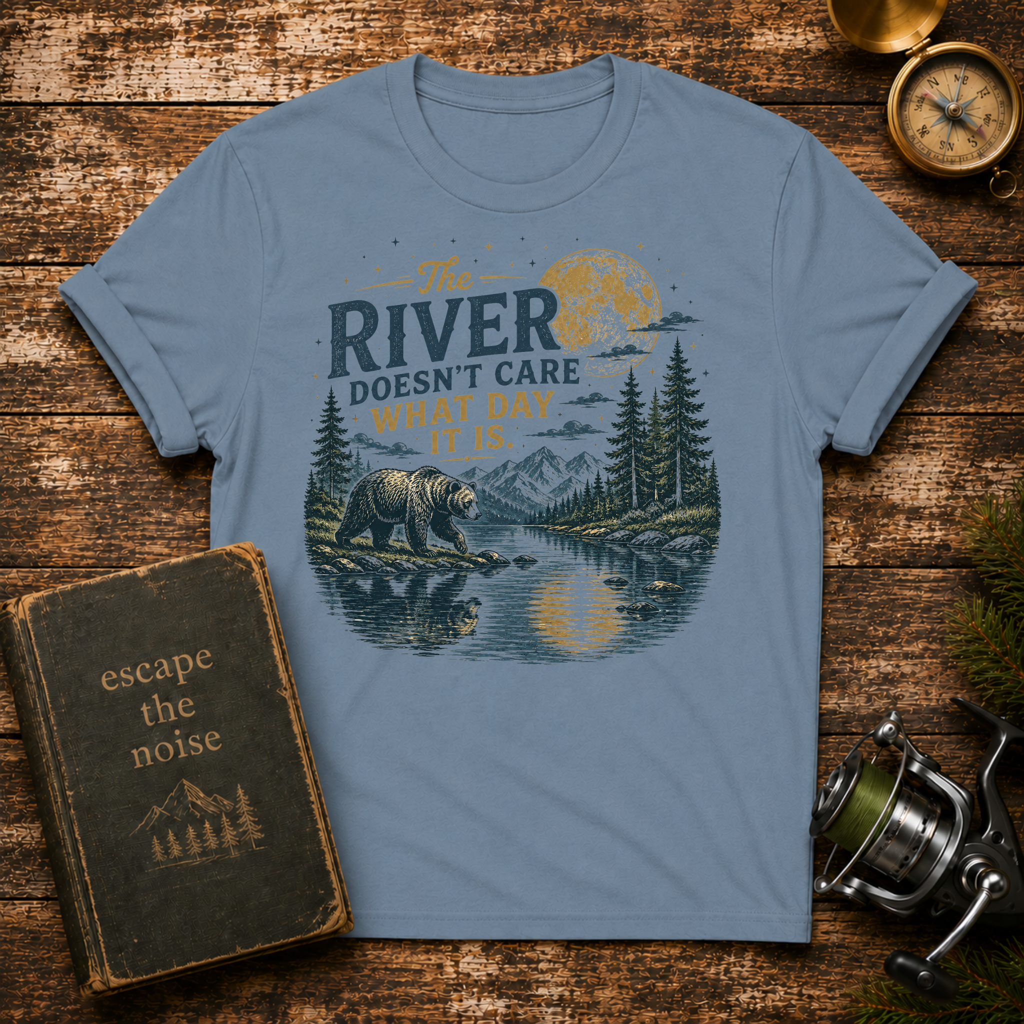River Doesn't Care What Day It Is T-Shirt — Vintage Nature Camping Tee