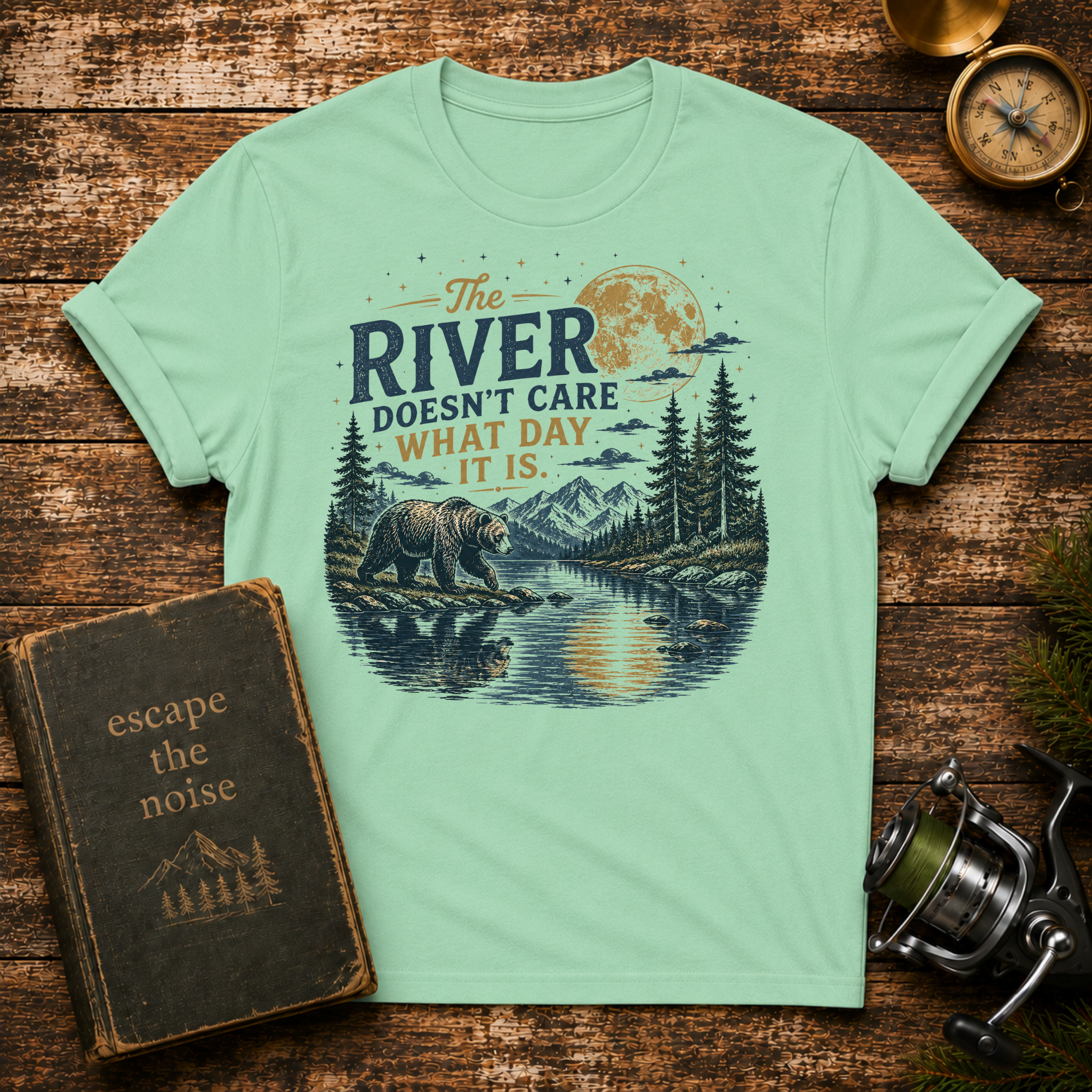 River Doesn't Care What Day It Is T-Shirt — Vintage Nature Camping Tee