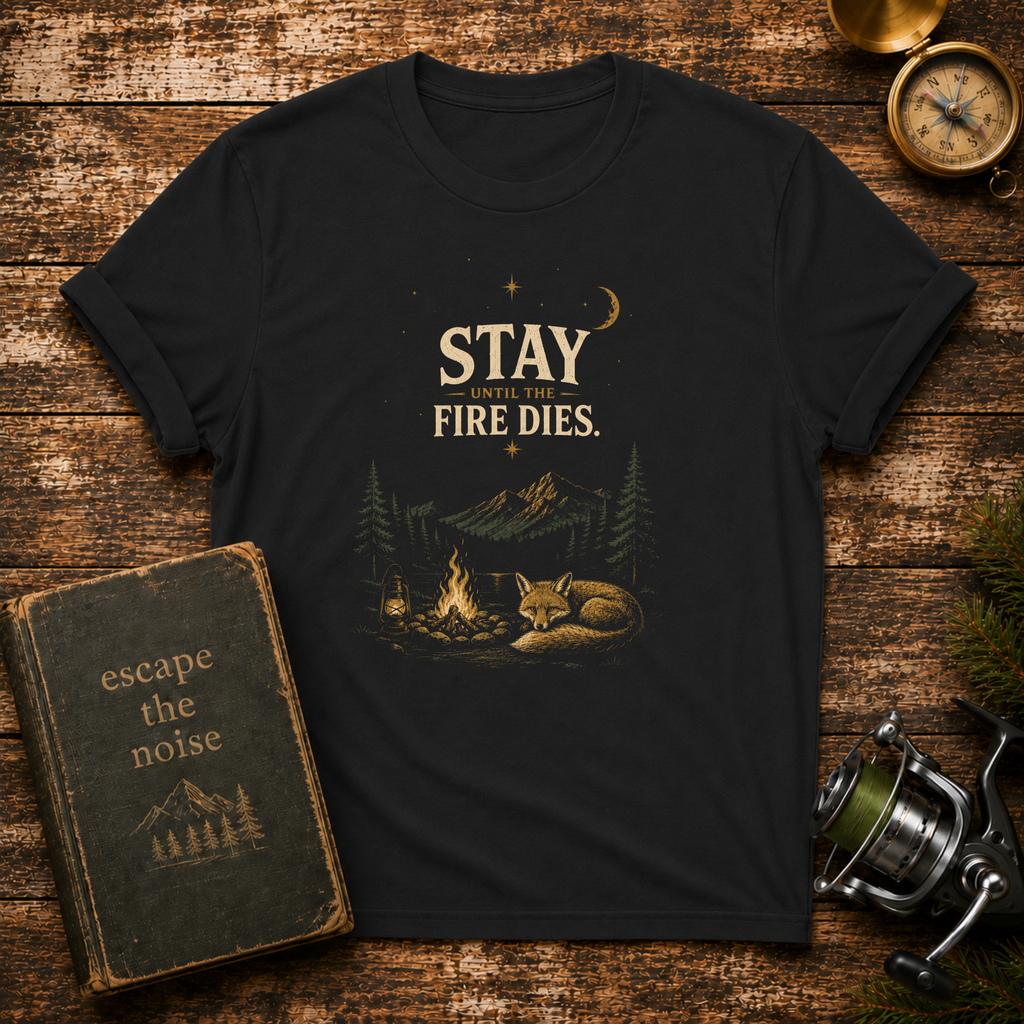 Stay Fire Dies Camping T-Shirt — Fox by Campfire Night Sky