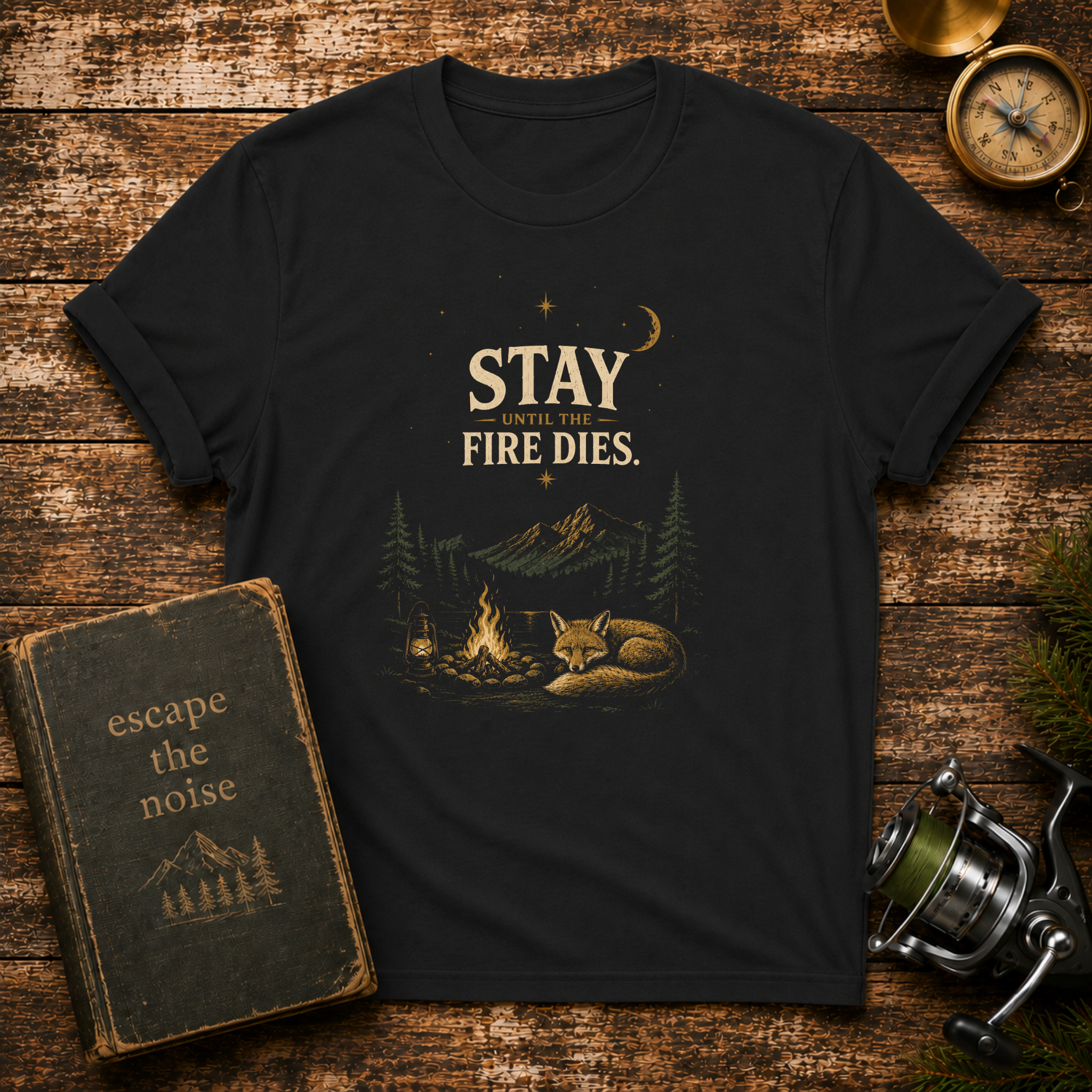 Stay Fire Dies Camping T-Shirt — Fox by Campfire Night Sky