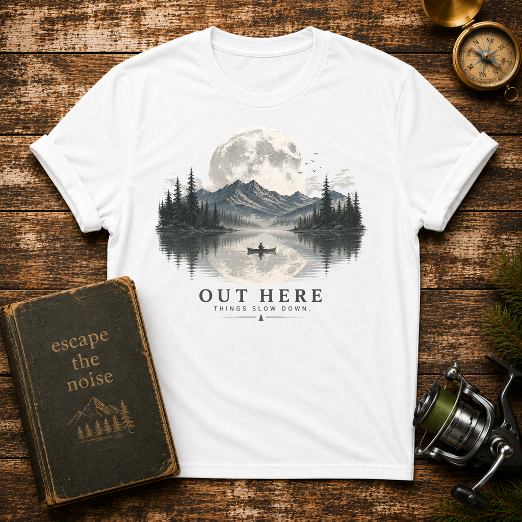 'Out Here' Moonlit Mountain Lake Nature Tee