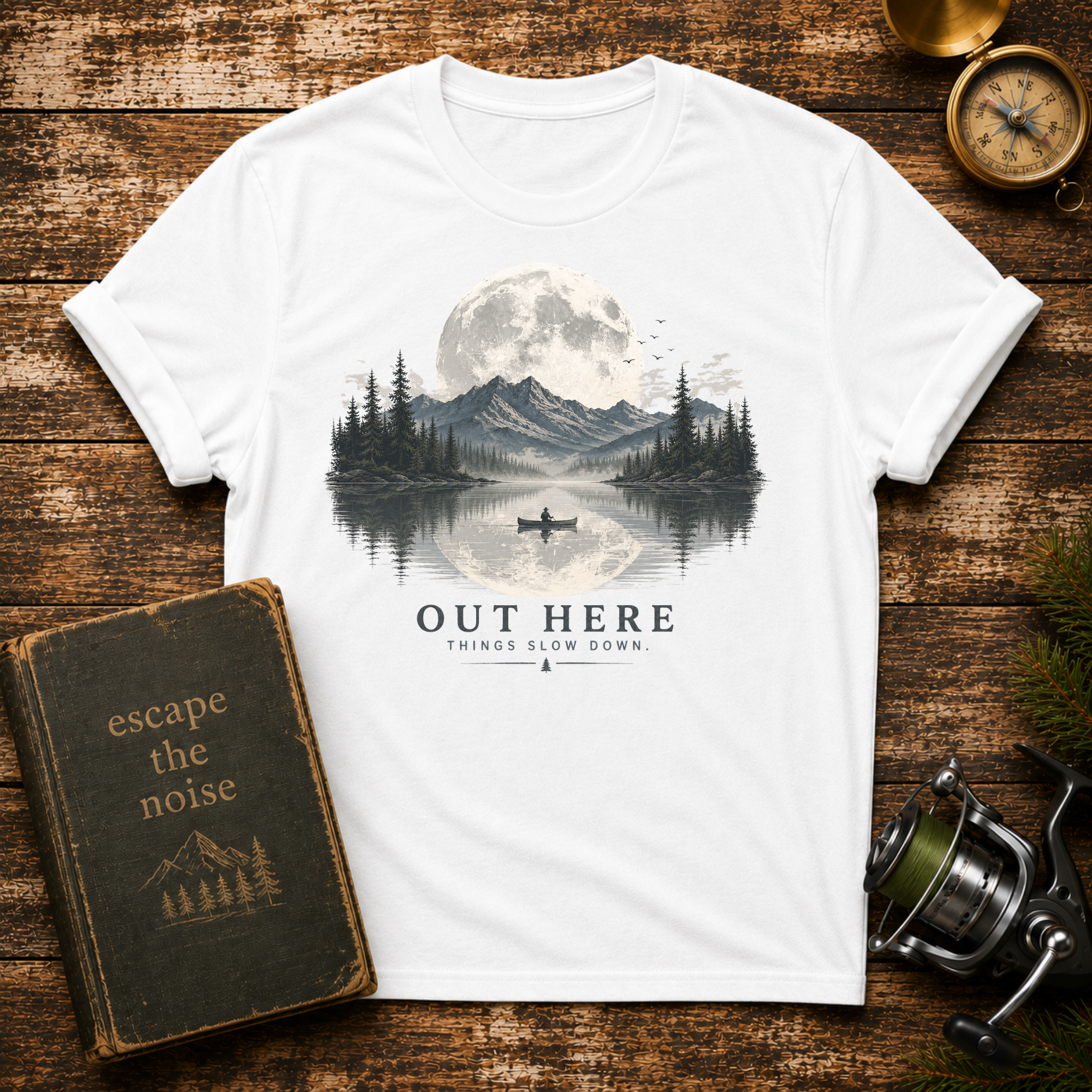 'Out Here' Moonlit Mountain Lake Nature Tee