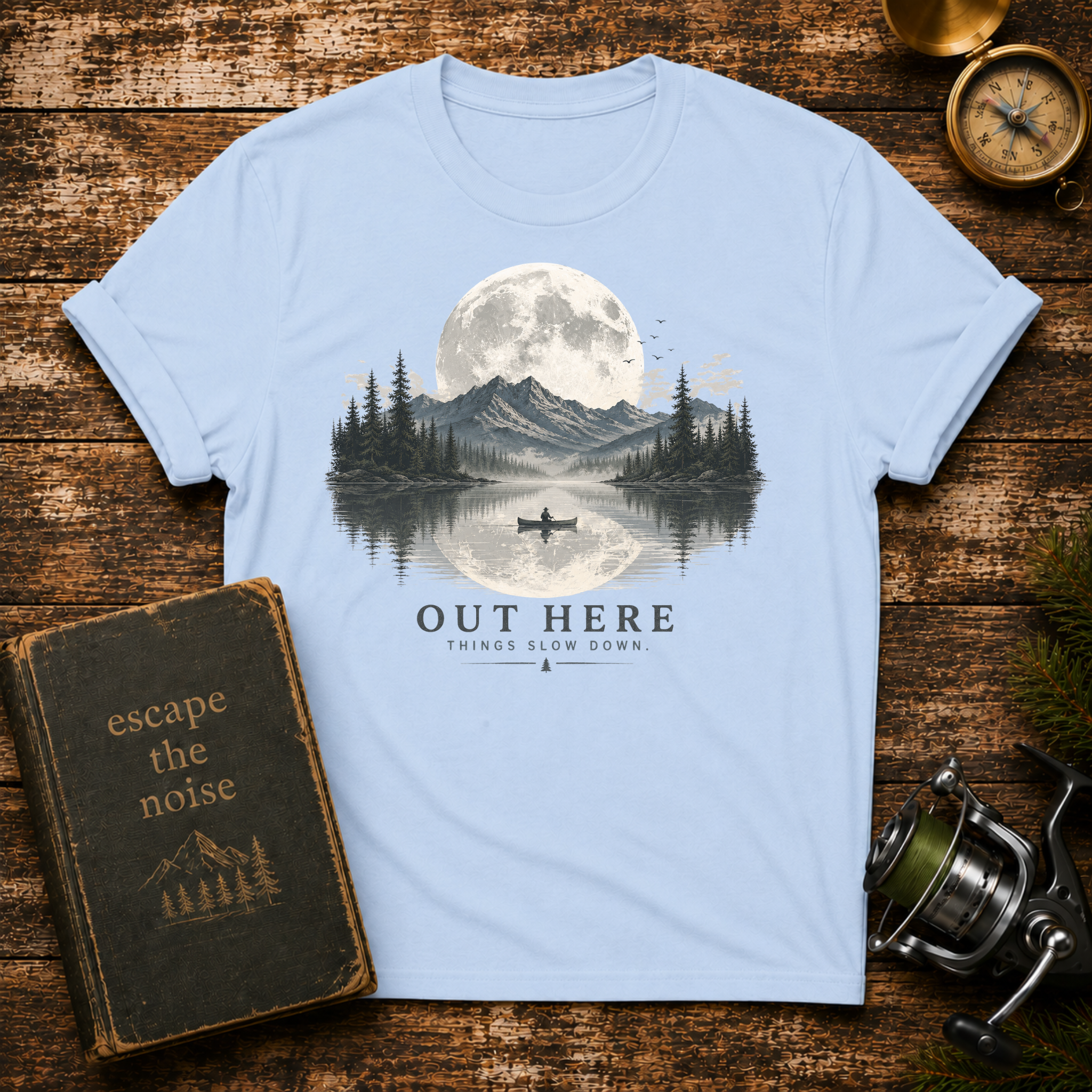 'Out Here' Moonlit Mountain Lake Nature Tee